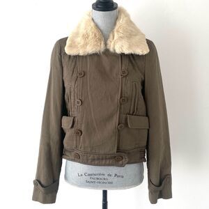 Rebecca Taylor Tan Utility Jacket with Fur Collar Sz M Military Romantic Moto
